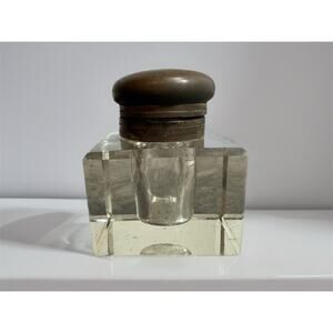 Antique Vintage Crystal Glass Block Ink Well Brass Lid Art Deco Cube Grandpacore